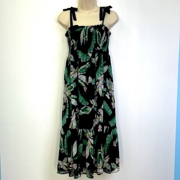 Maette - Black Tropical Colorful Multi Purpose Lined Midi Dress Size Medium - Picture 2 of 12